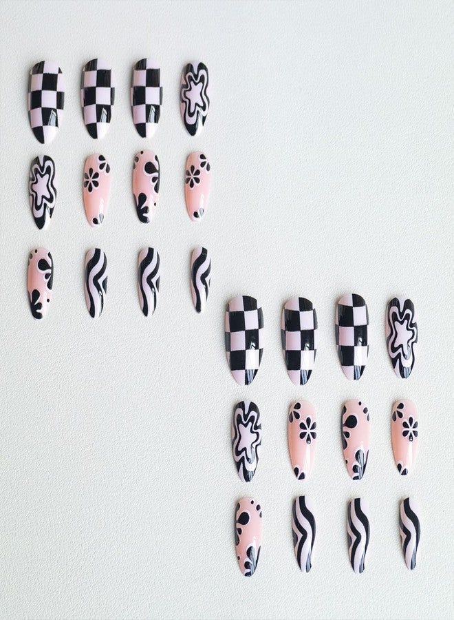 HJKDSFD 24Pcs Cute Press on Nails Short Almond Fake Nails Black and White Checkerboard Stick on Nail Glossy False Nails with Flower Curve Stripes Designs Reusable Acrylic Artificial Nails for Women Girls - Image 2